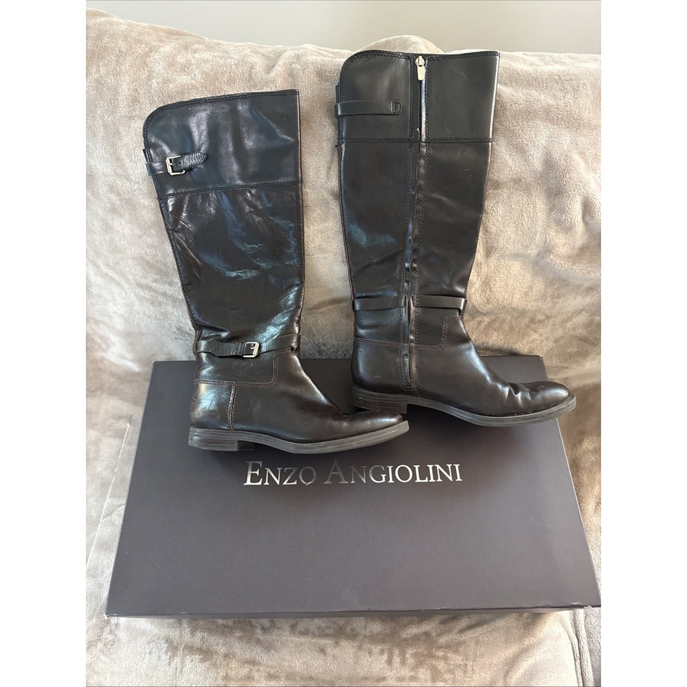 Enzo Angiolini Riding Boots Women 9M Dark Brown Leather Buckle Tall Zip